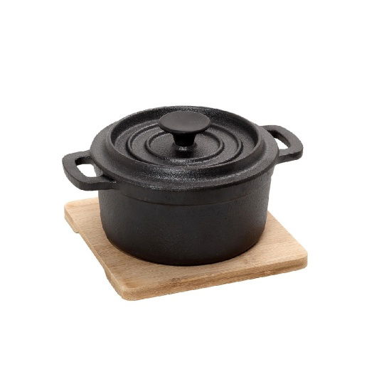 Κατσαρολα Cast-Iron Μαυρη D: 10 H: 8Cm  250Ml Με Βαση Bamboo 2τμχ