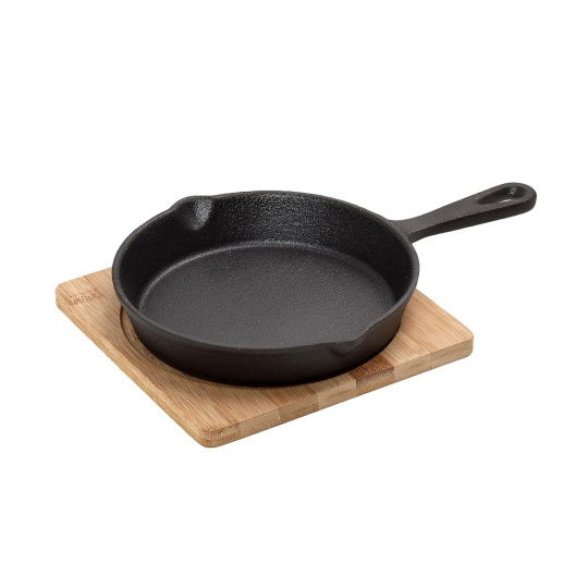 Τηγανακι Στρογγ. Cast-Iron Μαυρο D: 16 H: 4Cm Με Βαση Bamboo 2τμχ
