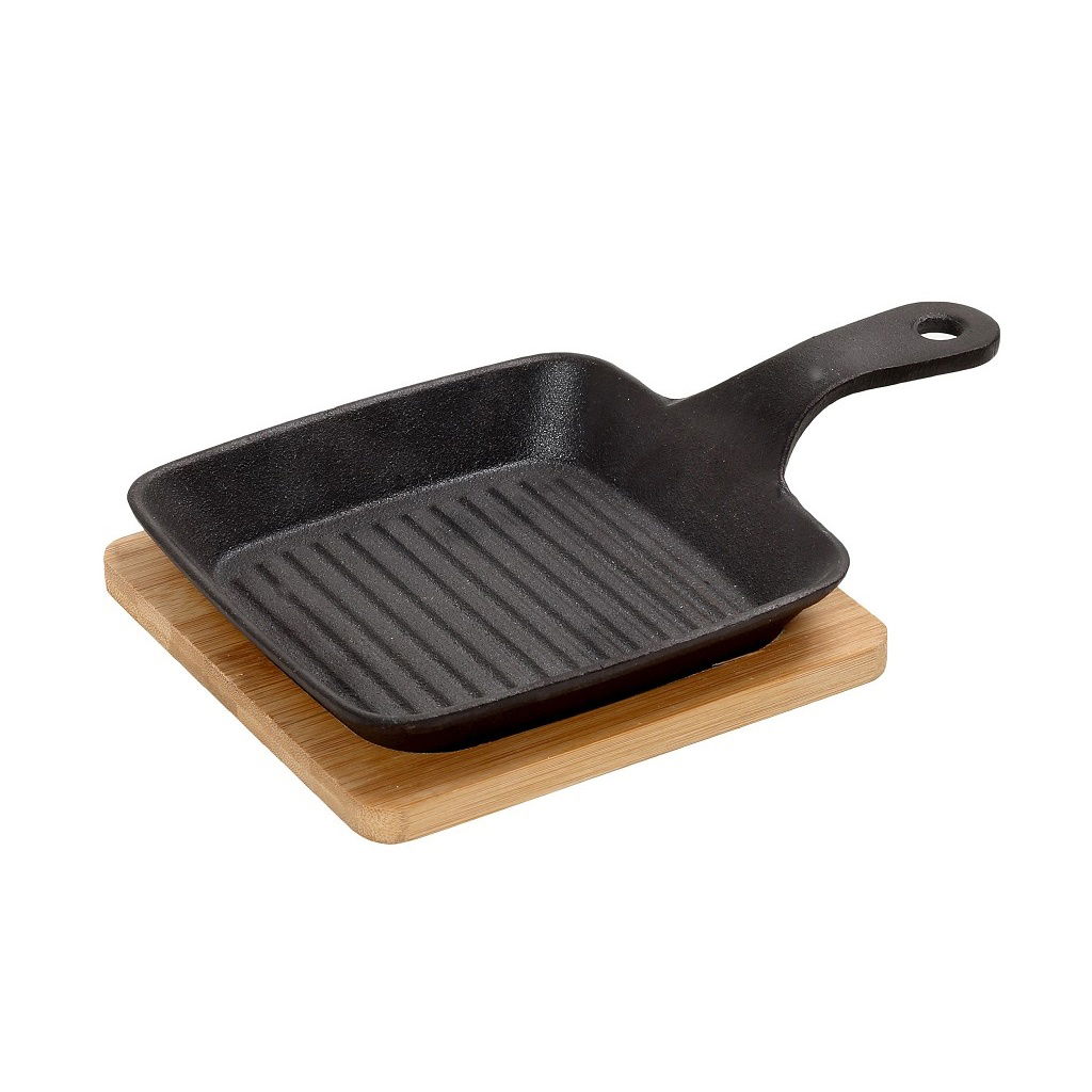 Τηγανακι Τετρ. Cast-Iron Μαυρο L: 16 H: 5Cm Με Βαση Bamboo 2τμχ