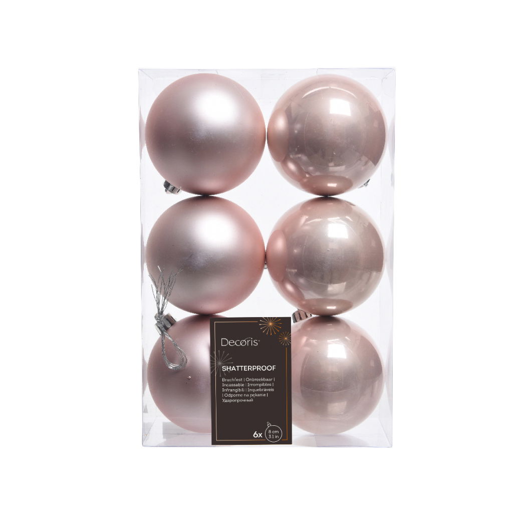 Set6 Πλαστικές Χριστουγεννιάτικες Μπάλες 8cm Blush Pink