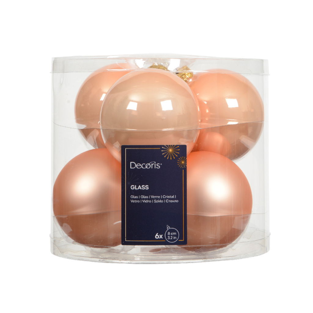 Set6 Χριστουγεννιάτικες Γυάλινες Μπάλες Peach Pearl 8cm