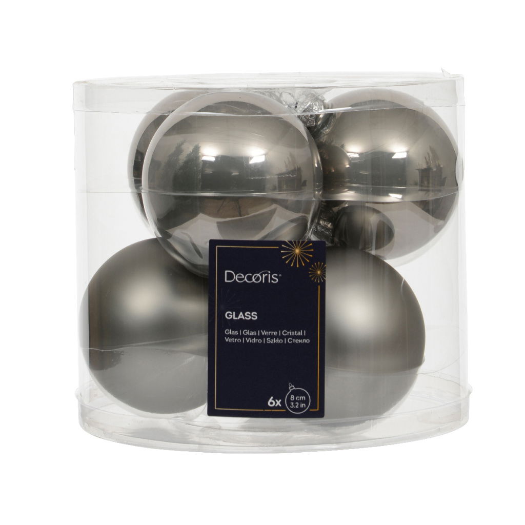 Set6 Χριστουγεννιάτικες Γυάλινες Μπάλες Soft Grey 8cm