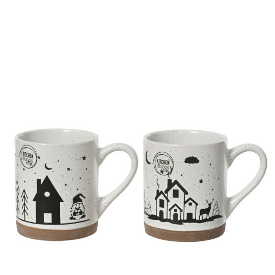 Set 2 Κούπες Χριστουγεννιάτικες Άσπρο - Μαύρο Stoneware 8x9.6cm