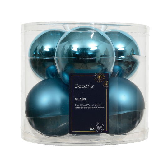 Set 6 Γυάλινες Χριστουγεννιάτικες Μπάλες Folk Blue Γυαλιστερές & Matt 8cm